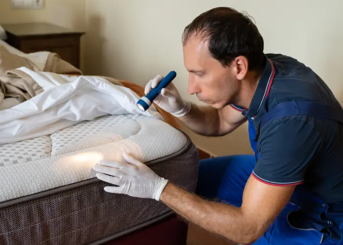 A pest control technician shines a light on a hotel mattress to see if bed bugs are present