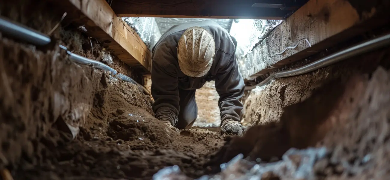 An American Pest Control, Inc. technician enters the crawlspace of an Athens business to inspect for moisture damage and pests.