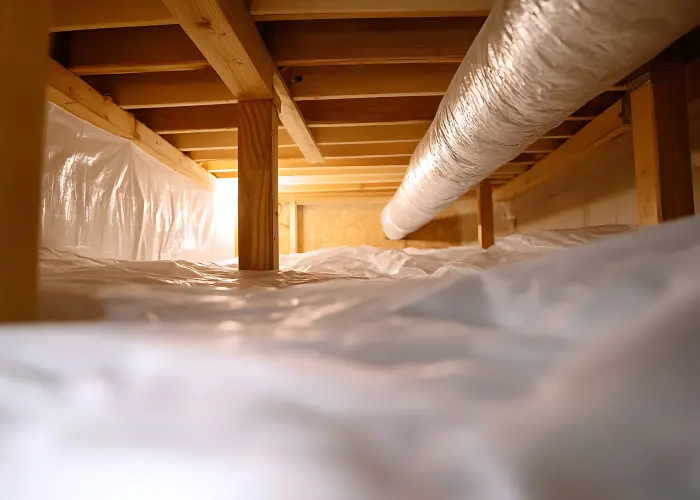A crawlspace with a moisture barrier in Athens, GA.