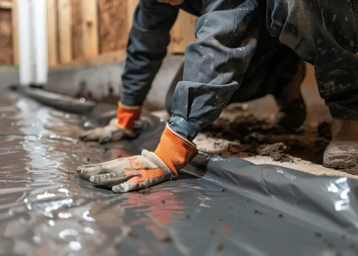 Installing a moisture or vapor barrier in a commercial building. American Pest Control, Inc. is a trusted moisture barrier installer in Athens, GA.
