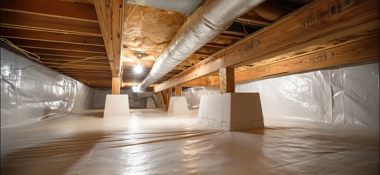 A newly installed vapor barrier in a modern office crawlspace. Contact American Pest Control, Inc. to protect your crawlspace today.