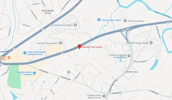 Map showing American Pest Control's primary headquarters in Athens, GA