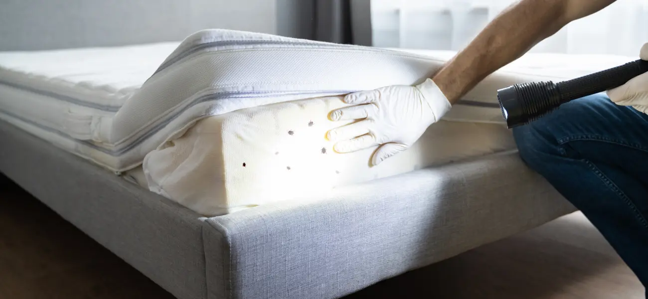 Shining a light on a mattress in an Athens, GA home to reveal bed bugs. Bite marks, blood-stained sheets, and musty odors are common signs of bed bugs.