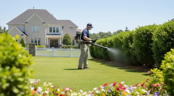 An American Pest Control, Inc. technician applies mosquito protection to a yard as part of a protection plan.