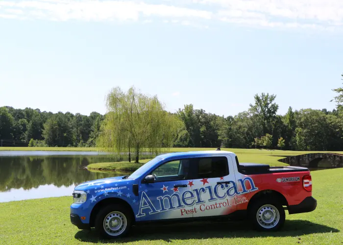 An American Pest Control, Inc. service truck during a residential gopher mapping and identification visit