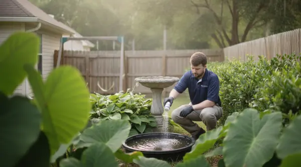 An American Pest Control, Inc. technician applies larvicide to a gardin water basin in an Athens, GA yard