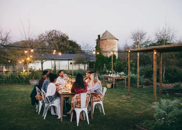A group of friends enjoying a mosquito-free backyard dinner party after treatment from American Pest Control, Inc.