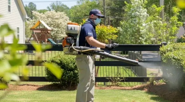 An American Pest Control, Inc. technician sprays for mosquitoes in an Athens, GA yard