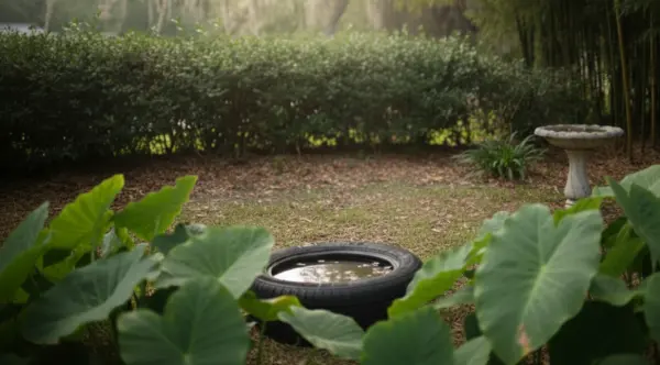 An empty tire and bird bath in an Athens, GA yard. Standing water is a prime breeding ground for mosquitoes.