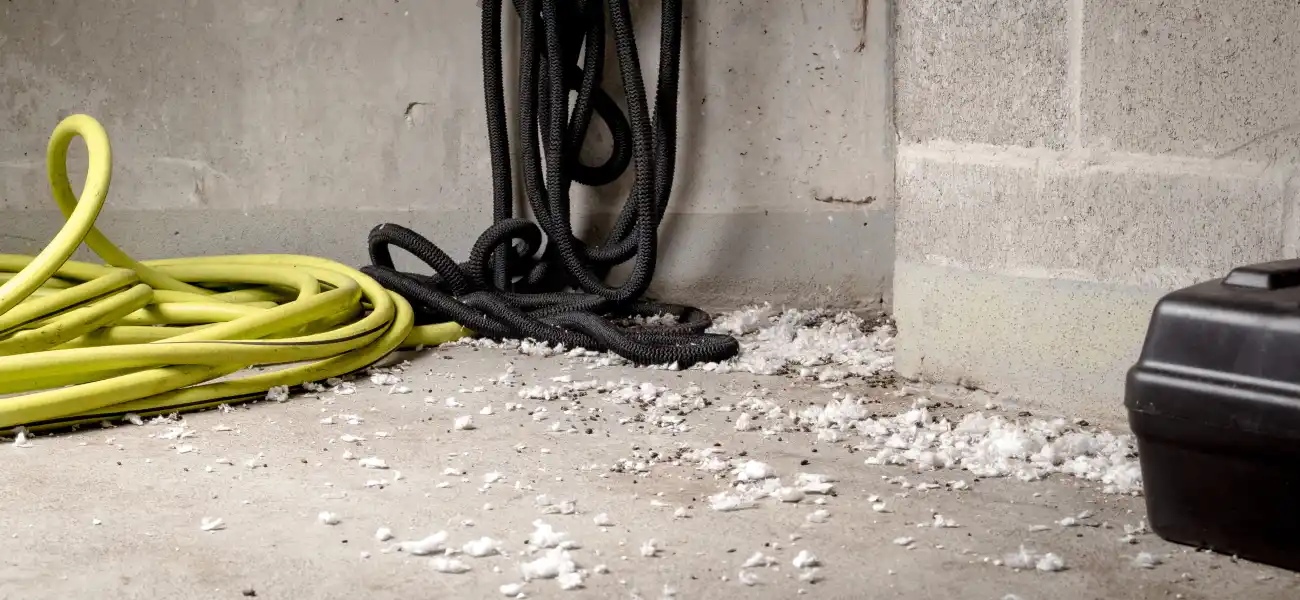 Insulation and rat droppings next to a rodent bait station in an Athens, GA home. Contact American Pest Control, Inc. if you see these common signs of a rodent infestation.