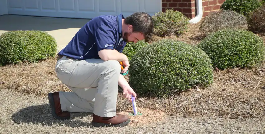 An American Pest Control, Inc. technician places a Sentriconยฎ baiting station in the yard of an Athens, GA home to prevent a termite infestation
