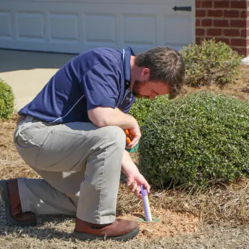 An American Pest Control, Inc. technician places a termite baiting station in the ground