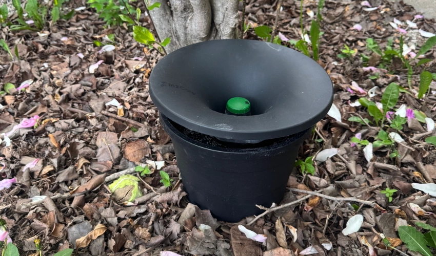 Photo of a Georgia residents backyard In2Care installation placed amongst a pile of leaves.