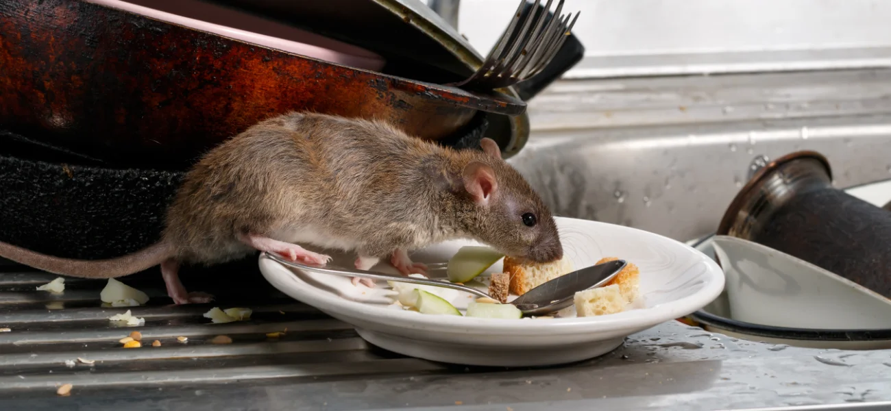 A rat in a kitchen eating food off of a dirty plate in Atlanta GA