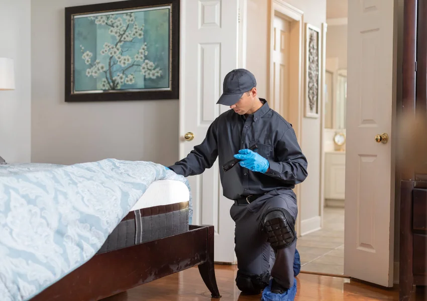 A pest control technician kneeling by a bed using a flashlight to inspect a mattress for bed bugs.