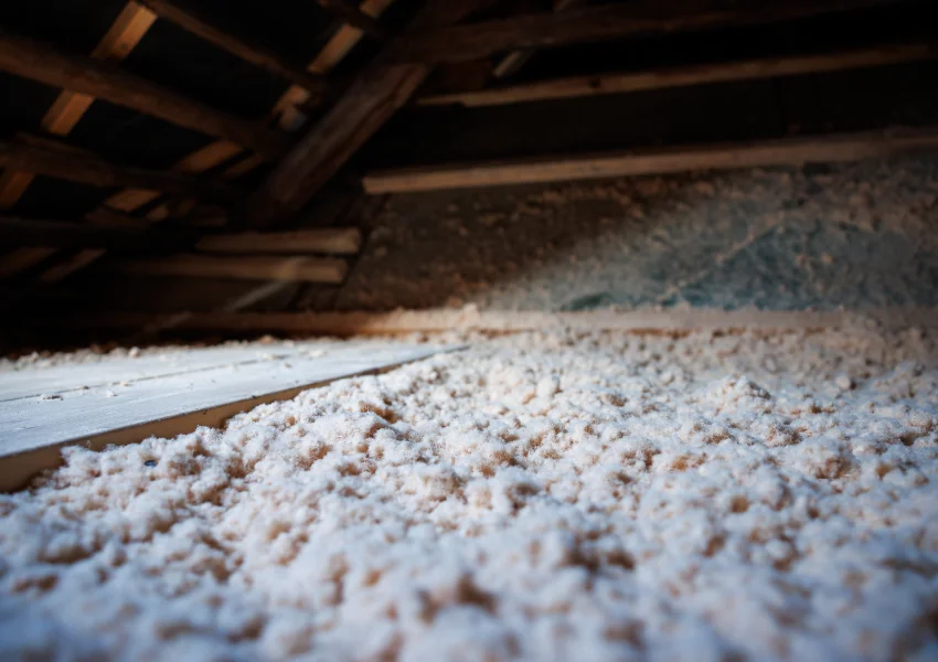 Loose cellulose insulation installed across an attic floor under wooden roof rafters.